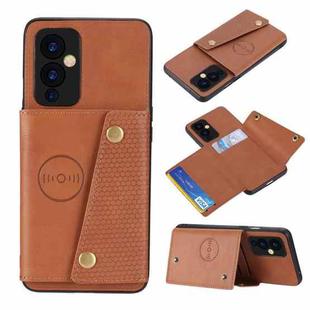 For OnePlus 9 Double Buckle PU + TPU Shockproof Magnetic Protective Case with Card Slot & Holder(Brown)