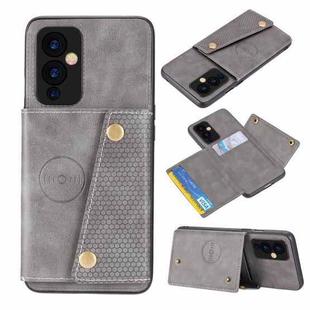 For OnePlus 9 Double Buckle PU + TPU Shockproof Magnetic Protective Case with Card Slot & Holder(Grey)