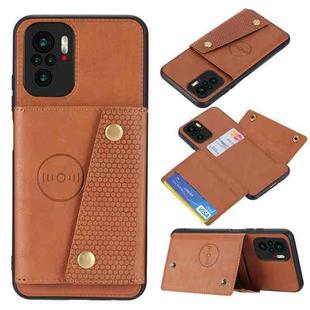 For Xiaomi Redmi Note 10 Double Buckle PU + TPU Shockproof Magnetic Protective Case with Card Slot & Holder(Brown)