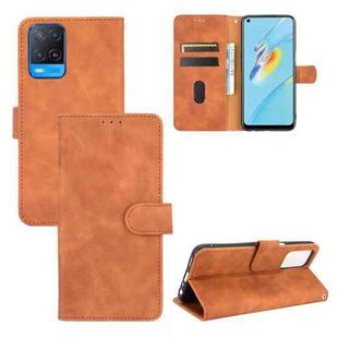 For OPPO A54 4G Solid Color Skin Feel Magnetic Buckle Horizontal Flip Calf Texture PU Leather Case with Holder & Card Slots & Wallet(Brown)