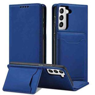 For Samsung Galaxy S21 FE Strong Magnetism Liquid Feel Horizontal Flip Leather Case with Holder & Card Slots & Wallet(Blue)