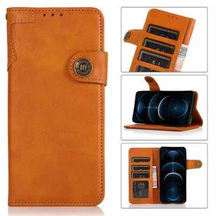 For iPhone 12 Pro Max KHAZNEH Dual-Splicing Cowhide Texture Horizontal Flip Leather Case with Holder & Card Slots & Wallet & Lanyard(Brown)