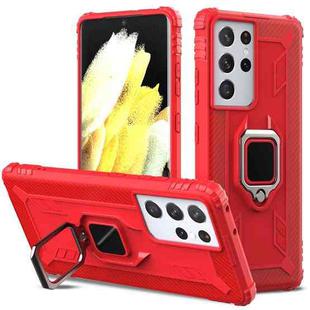 For Samsung Galaxy S21 Ultra 5G Carbon Fiber Protective Case with 360 Degree Rotating Ring Holder(Red)
