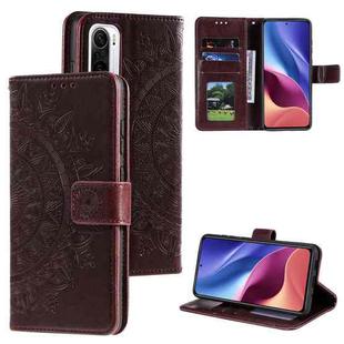 For Xiaomi Redmi K40 Totem Flower Embossed Horizontal Flip TPU + PU Leather Case with Holder & Card Slots & Wallet(Brown)