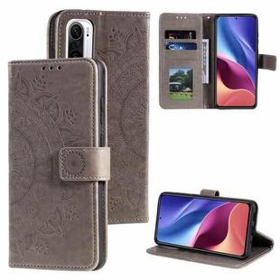 For Xiaomi Redmi K40 Totem Flower Embossed Horizontal Flip TPU + PU Leather Case with Holder & Card Slots & Wallet(Gray)