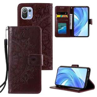 For Xiaomi Mi 11 Lite Totem Flower Embossed Horizontal Flip TPU + PU Leather Case with Holder & Card Slots & Wallet(Brown)