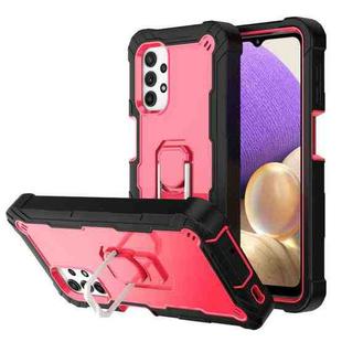 For Samsung Galaxy A32 5G PC + Rubber 3-layers Shockproof Protective Case with Rotating Holder(Black + Rose Red)