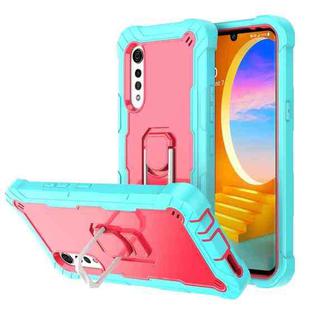 For LG Velvet PC + Rubber 3-layers Shockproof Protective Case with Rotating Holder(Mint Green + Rose Red)