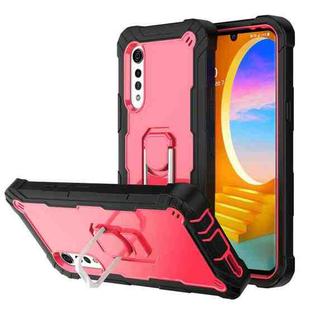 For LG Velvet PC + Rubber 3-layers Shockproof Protective Case with Rotating Holder(Black + Rose Red)