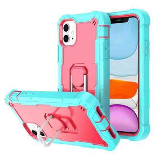 For iPhone 11 PC + Rubber 3-layers Shockproof Protective Case with Rotating Holder (Mint Green + Rose Red)