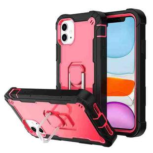 For iPhone 11 PC + Rubber 3-layers Shockproof Protective Case with Rotating Holder (Black + Rose Red)