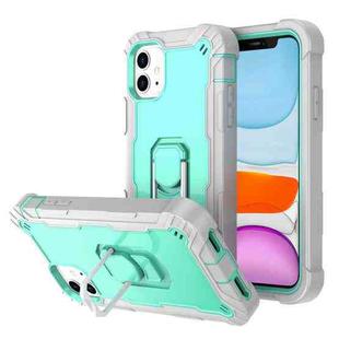 For iPhone 11 PC + Rubber 3-layers Shockproof Protective Case with Rotating Holder (Grey White + Mint Green)