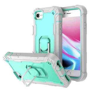 For iPhone SE 2022 / SE 2020 / 8 / 7 PC + Rubber 3-layers Shockproof Protective Case with Rotating Holder(Grey White + Mint Green)