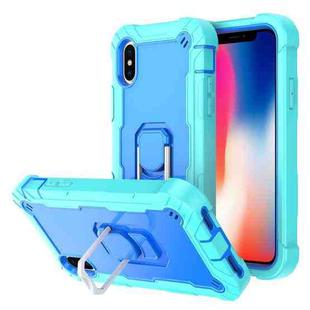 For iPhone X / XS PC + Rubber 3-layers Shockproof Protective Case with Rotating Holder(Mint Green + Blue)