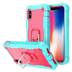 For iPhone X / XS PC + Rubber 3-layers Shockproof Protective Case with Rotating Holder(Mint Green + Rose Red)