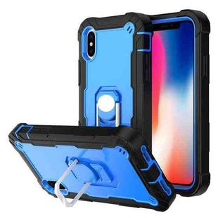 For iPhone X / XS PC + Rubber 3-layers Shockproof Protective Case with Rotating Holder(Black + Blue)