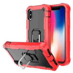 For iPhone X / XS PC + Rubber 3-layers Shockproof Protective Case with Rotating Holder(Red + Black)