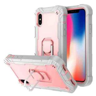 For iPhone X / XS PC + Rubber 3-layers Shockproof Protective Case with Rotating Holder(Grey White + Rose Gold)