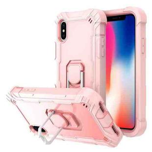 For iPhone X / XS PC + Rubber 3-layers Shockproof Protective Case with Rotating Holder(Rose Gold)