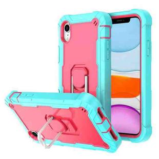 For iPhone XR PC + Rubber 3-layers Shockproof Protective Case with Rotating Holder(Mint Green + Rose Red)