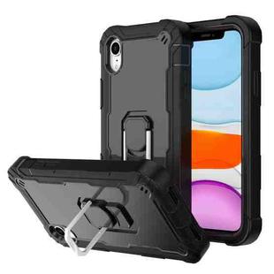 For iPhone XR PC + Rubber 3-layers Shockproof Protective Case with Rotating Holder(Black)