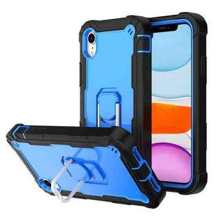 For iPhone XR PC + Rubber 3-layers Shockproof Protective Case with Rotating Holder(Black + Blue)