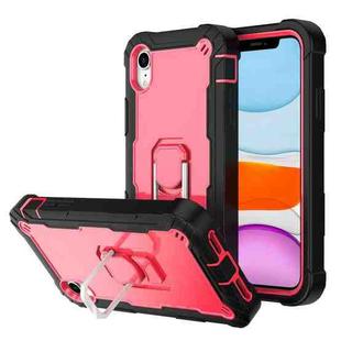 For iPhone XR PC + Rubber 3-layers Shockproof Protective Case with Rotating Holder(Black + Rose Red)