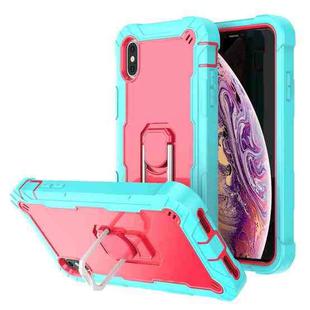 For iPhone XS Max PC + Rubber 3-layers Shockproof Protective Case with Rotating Holder(Mint Green + Rose Red)