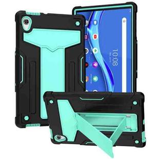 For Lenovo Tab M10 HD 2nd Gen TB-X306X T-shaped Bracket Contrast Color Shockproof PC + Silicone Flat Protective Case(Black + Mint Green)