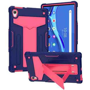 For Lenovo Tab M10 HD 2nd Gen TB-X306X T-shaped Bracket Contrast Color Shockproof PC + Silicone Flat Protective Case(Navy Blue + Rose Red)