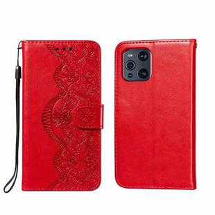 For OPPO Find X3 / X3 Pro Flower Vine Embossing Pattern Horizontal Flip Leather Case with Card Slot & Holder & Wallet & Lanyard(Red)