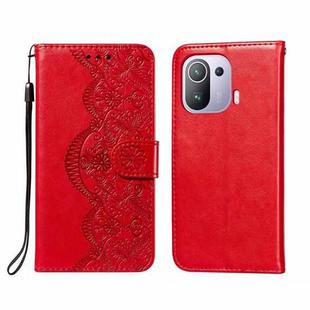 For Xiaomi Mi 11 Pro Flower Vine Embossing Pattern Horizontal Flip Leather Case with Card Slot & Holder & Wallet & Lanyard(Red)