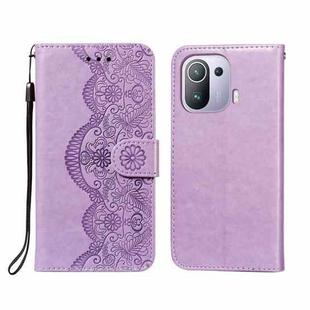 For Xiaomi Mi 11 Pro Flower Vine Embossing Pattern Horizontal Flip Leather Case with Card Slot & Holder & Wallet & Lanyard(Purple)