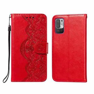 For Xiaomi Redmi Note 10 5G Flower Vine Embossing Pattern Horizontal Flip Leather Case with Card Slot & Holder & Wallet & Lanyard(Red)