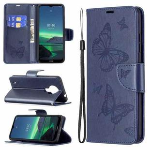 For Nokia 1.4 Embossing Two Butterflies Pattern Horizontal Flip PU Leather Case with Holder & Card Slot & Wallet & Lanyard(Dark Blue)