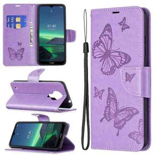 For Nokia 1.4 Embossing Two Butterflies Pattern Horizontal Flip PU Leather Case with Holder & Card Slot & Wallet & Lanyard(Purple)