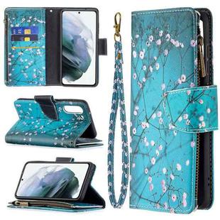 For Samsung Galaxy S21 FE Colored Drawing Pattern Zipper Horizontal Flip Leather Case with Holder & Card Slots & Wallet(Plum Blossom)
