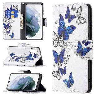 For Samsung Galaxy S21 FE Colored Drawing Pattern Horizontal Flip Leather Case with Holder & Card Slots & Wallet(Blue Butterflies)