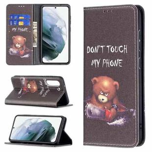 For Samsung Galaxy S21 FE Colored Drawing Pattern Invisible Magnetic Horizontal Flip PU Leather Case with Holder & Card Slots & Wallet(Bear)