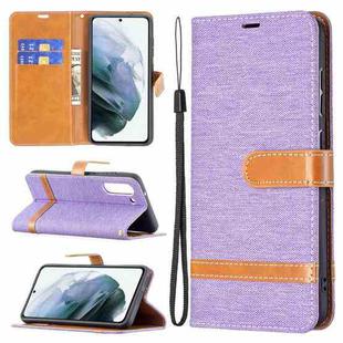 For Samsung Galaxy S21 FE Color Matching Denim Texture Horizontal Flip Leather Case with Holder & Card Slots & Wallet & Lanyard(Purple)