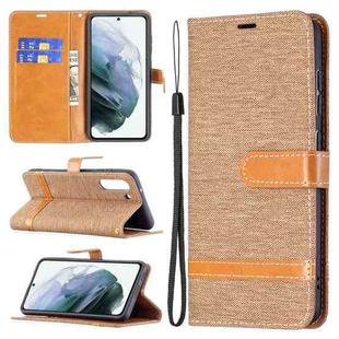 For Samsung Galaxy S21 FE Color Matching Denim Texture Horizontal Flip Leather Case with Holder & Card Slots & Wallet & Lanyard(Brown)