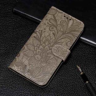 For Samsung Galaxy S21 FE Lace Flower Embossing Pattern Horizontal Flip Leather Case with Holder & Card Slots & Wallet & Photo Frame(Grey)