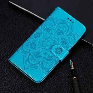 For Samsung Galaxy A22 5G Sun Mandala Embossing Pattern Horizontal Flip PU Leather Case with Holder & Card Slots & Wallet & Lanyard(Blue)