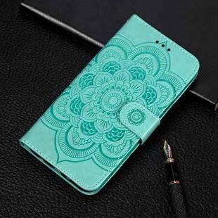 For Samsung Galaxy A22 5G Sun Mandala Embossing Pattern Horizontal Flip PU Leather Case with Holder & Card Slots & Wallet & Lanyard(Green)