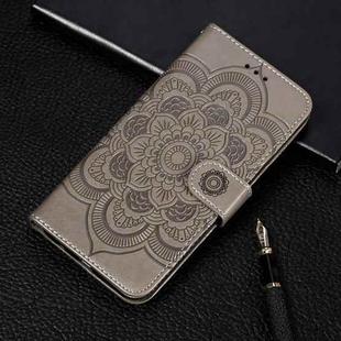 For Samsung Galaxy S21 FE Sun Mandala Embossing Pattern Horizontal Flip PU Leather Case with Holder & Card Slots & Wallet & Lanyard(Grey)