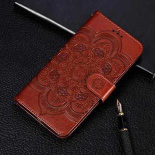 For Samsung Galaxy S21 FE Sun Mandala Embossing Pattern Horizontal Flip PU Leather Case with Holder & Card Slots & Wallet & Lanyard(Brown)