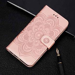 For Samsung Galaxy S21 FE Sun Mandala Embossing Pattern Horizontal Flip PU Leather Case with Holder & Card Slots & Wallet & Lanyard(Rose Gold)