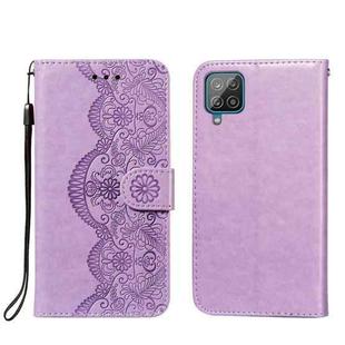 For Samsung Galaxy A22 4G Flower Vine Embossing Pattern Horizontal Flip Leather Case with Card Slot & Holder & Wallet & Lanyard(Purple)