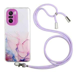 For Xiaomi Redmi K40 / Redmi K40 Pro / Poco F3 Hollow Marble Pattern TPU Shockproof Protective Case with Neck Strap Rope(Pink)