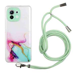 For Xiaomi Mi 11 Lite Hollow Marble Pattern TPU Shockproof Protective Case with Neck Strap Rope(Green)